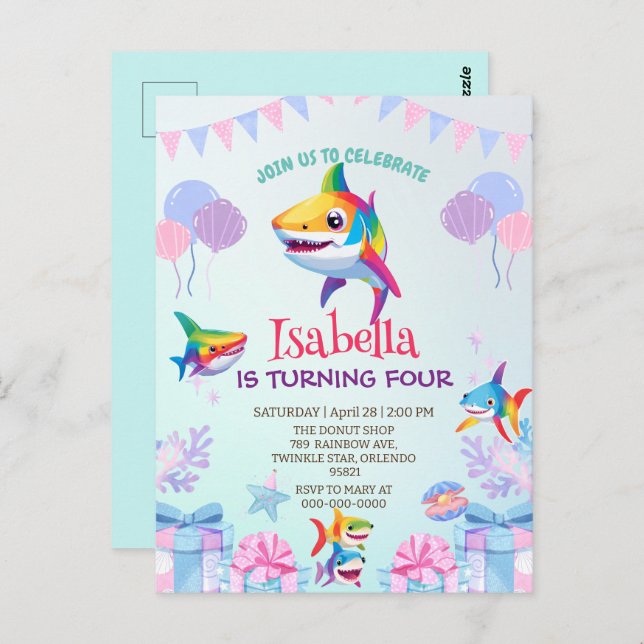 Fun rainbow shark birthday balloon party Family  Postcard (Front/Back)