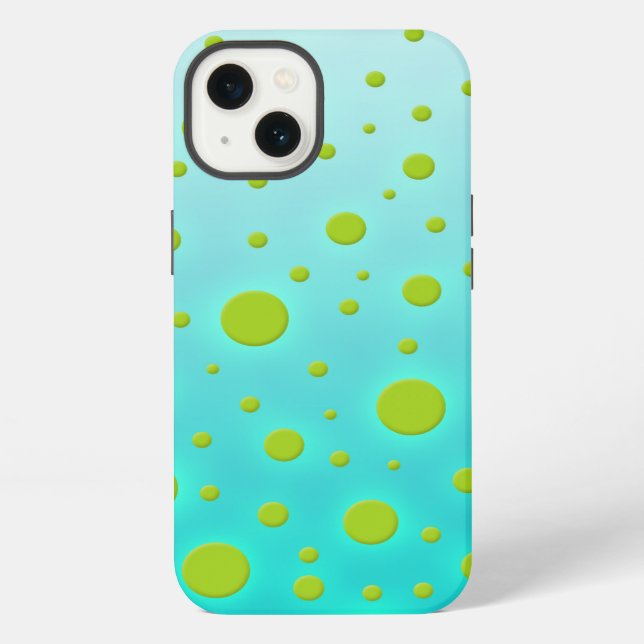 Fun Random Dots Green over Turquoise Background iPhone Case (Back)