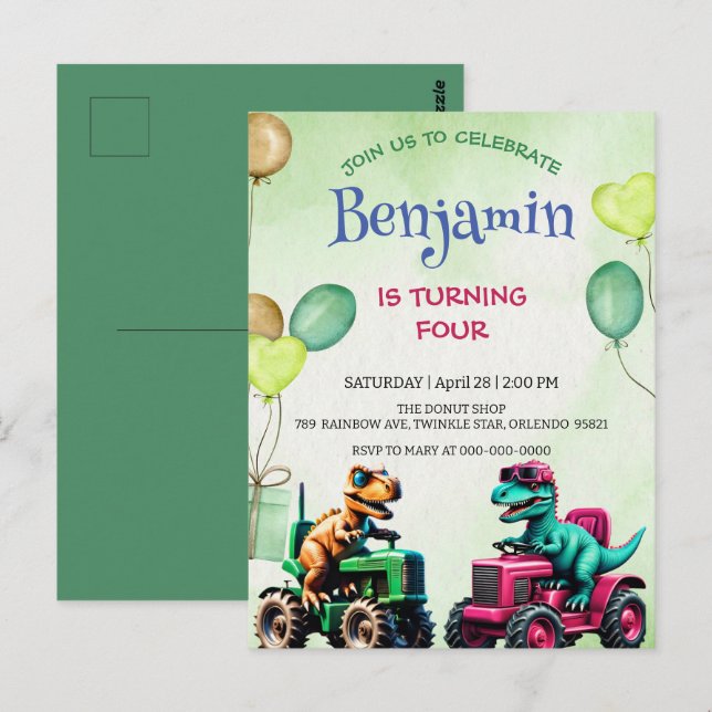 Fun Rawr dinosaur tractor truck balloon Birthday Postcard (Front/Back)