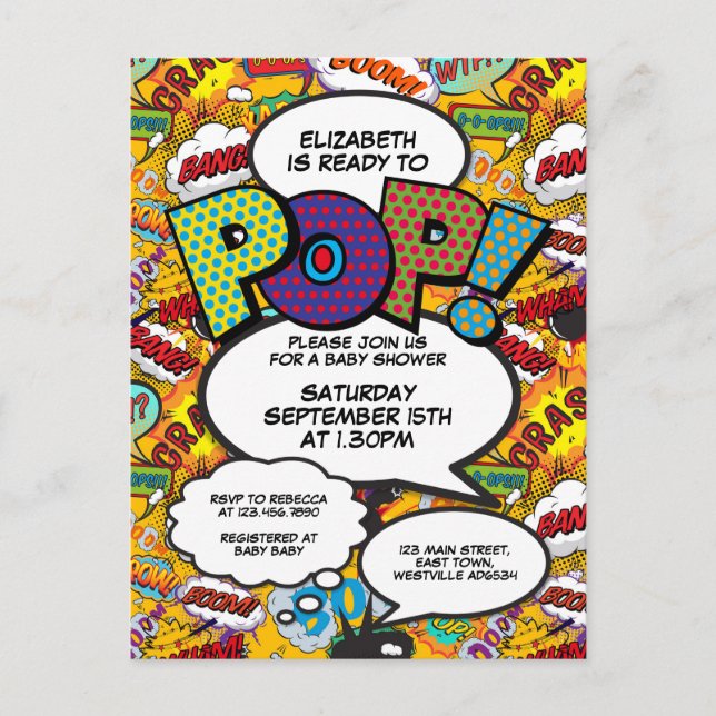 Fun Ready to Pop Baby Shower Comic Book Invitation Postcard (Front)