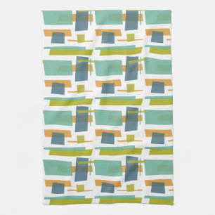 Fun Rectangles Pattern Green Orange Blue Retro Tea Towel
