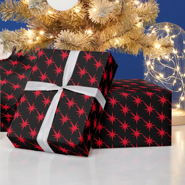 Fun red and black starburst pattern modern wrapping paper (Holidays)