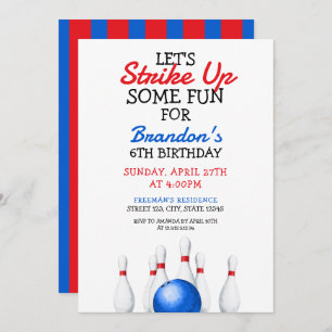 Fun Red and Blue Bowling Kids Birthday Invitation