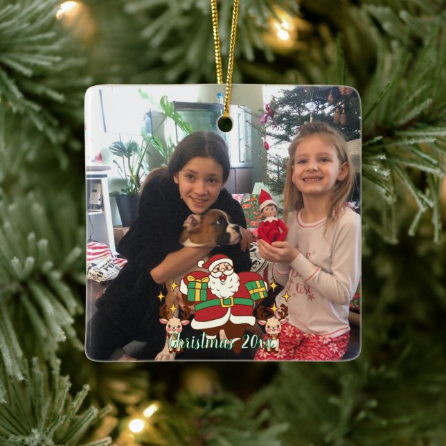 FUN Red and Green Add Your PHOTO SANTA Ceramic Ornament (Tree)