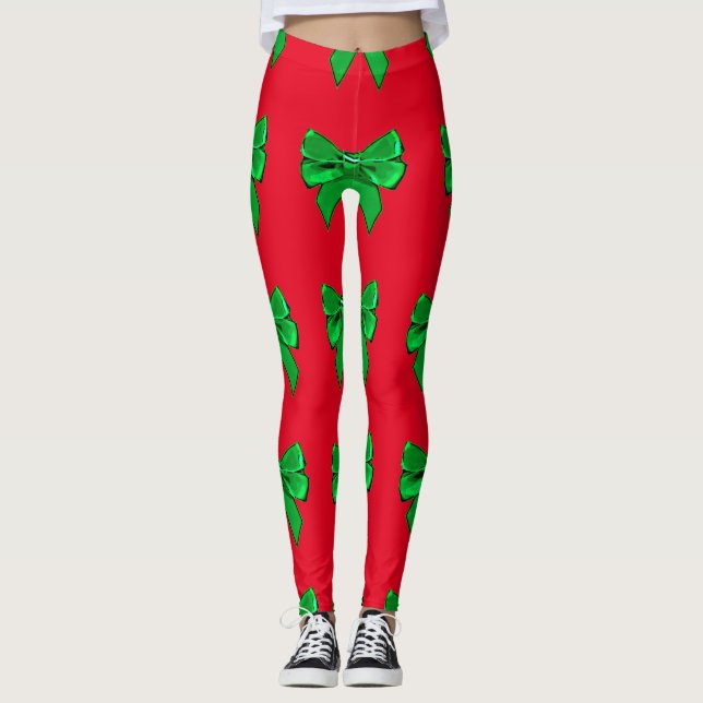 Fun Red and Green Bow Christmas Leggings (Front)