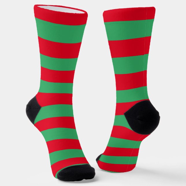 Fun Red And Green Elf Stripes Christmas Socks (Angled)