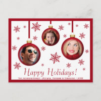 Fun Red Baubles & Snowflakes 3 Photo Holiday