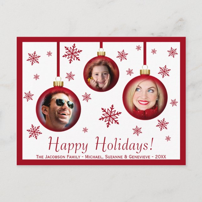 Fun Red Baubles & Snowflakes 3 Photo Holiday Postcard (Front)