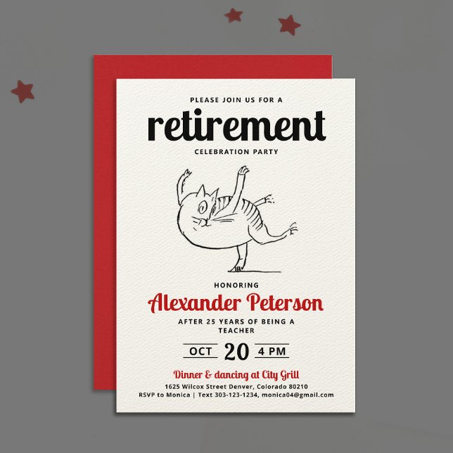 Fun Red Black White Cartoon Cat Dance Retirement Invitation (Creator Uploaded)