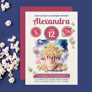 Fun Red Blue Popcorn Movie Night Party Watercolor Invitation
