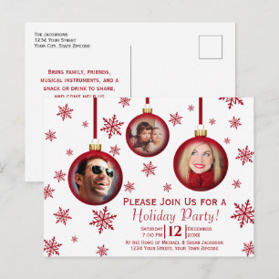 Fun Red Christmas Baubles 3 Photo Holiday Party Invitation Postcard