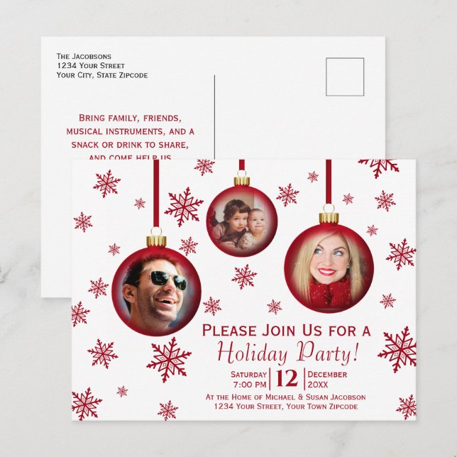 Fun Red Christmas Baubles 3 Photo Holiday Party Invitation Postcard (Front/Back)