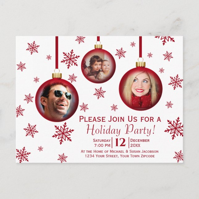 Fun Red Christmas Baubles 3 Photo Holiday Party Invitation Postcard (Front)