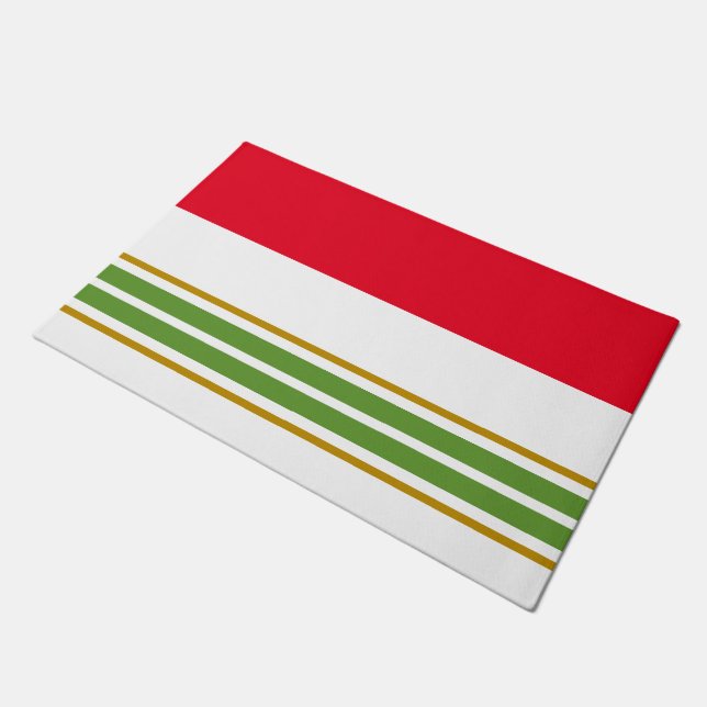 Fun Red Colour Block Green Racing Stripes On White Doormat (Angled)