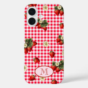 Fun Red Gingham Strawberries Custom Monogram iPhone 16 Case