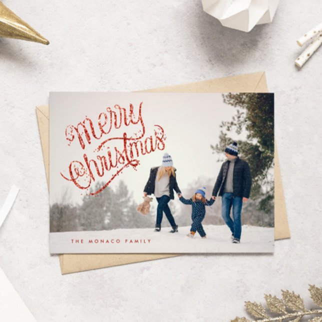 Fun Red Glitter Merry Christmas Photo Holiday Card (Creator Uploaded)