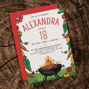 Fun Red Green Backyard Grill Steak Veggie Picnic Invitation