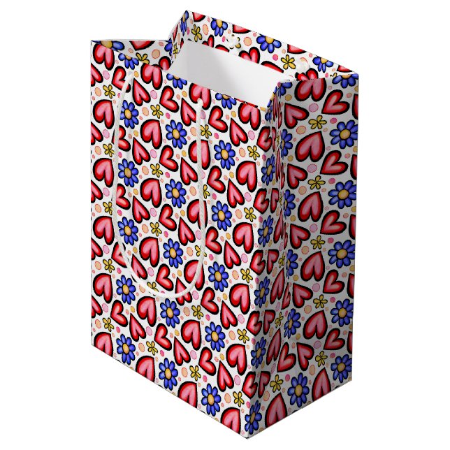 Fun Red Hearts and Purple Yellow Flowers Medium Gift Bag (Back Angled)