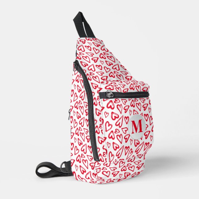 Fun Red Hearts Monogrammed Sling Bag (Left Corner)