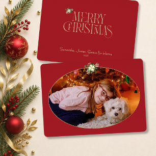 Fun Red Oval Christmas Photo Framed in Gold Foil Holiday Card