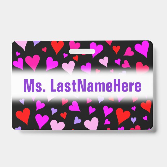 Fun Red, Pink, Purple & Magenta Hearts Pattern ID Badge (Front)