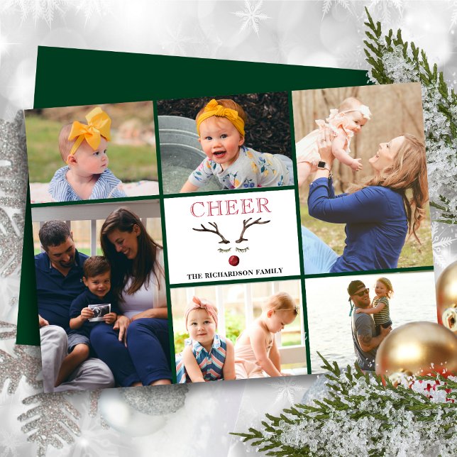 Fun Red Script CHEER Whimsical Reindeer Photo Holiday Card (Creator Uploaded)