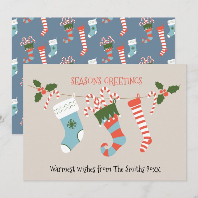 Fun Red Script Green Stockings Candy Cane Floral Holiday Card (Front/Back)