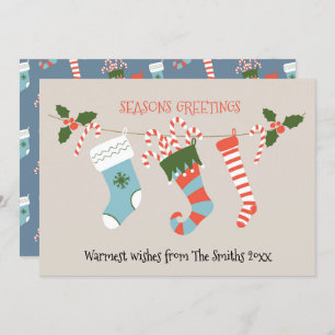 Fun Red Script Green Stockings Candy Cane Floral Holiday Card