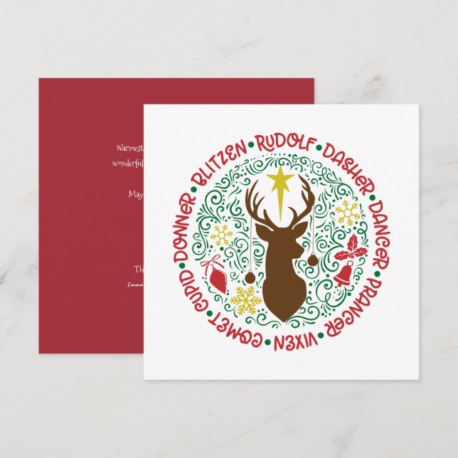Fun Red Script Santa Reindeer Name Christmas Holiday Card (Front/Back)