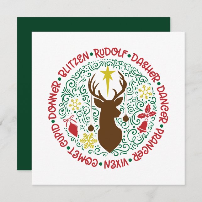 Fun Red Script Santa Reindeer Name Christmas Holiday Card (Front/Back)