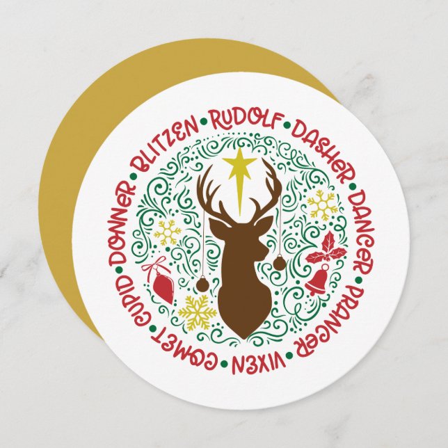 Fun Red Script Santa Reindeer Name Christmas Holiday Card (Front/Back)