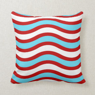 Fun Red Teal Turquoise White Wavy Lines Stripes Cushion