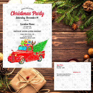 Fun Red Truck White Snow Tree Lights Party Xmas Postcard