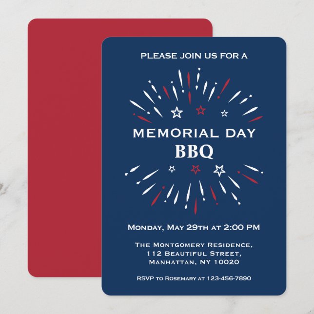 Fun Red White Blue Memorial Day BBQ Fireworks Invitation (Front/Back)