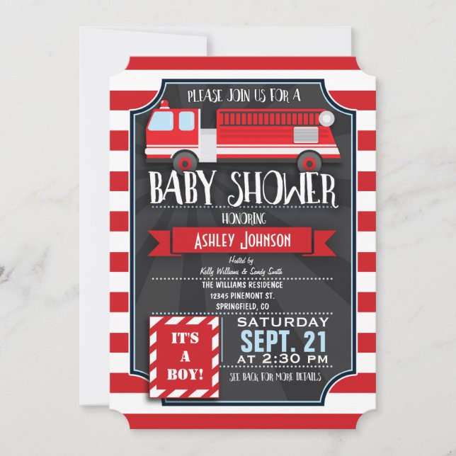 Fun, Red, & White Fire Truck Boy Baby Shower Invitation (Front)