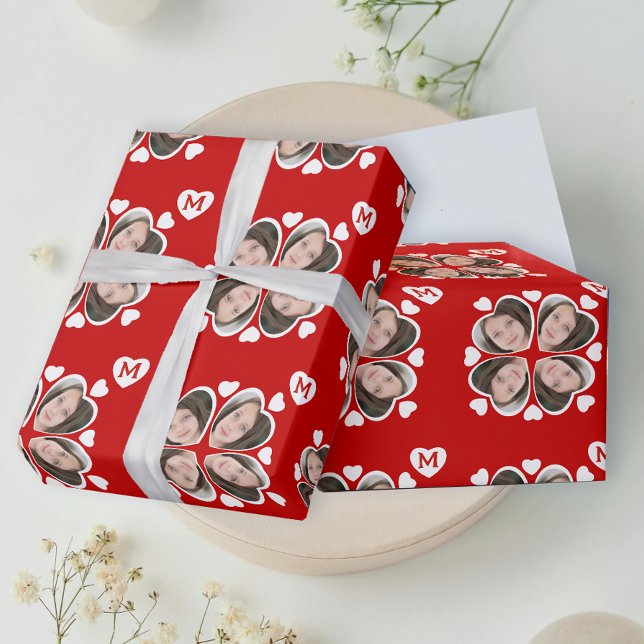 Fun Red White Heart Four Leaf Clover Photo Pattern Wrapping Paper (Creator Uploaded)