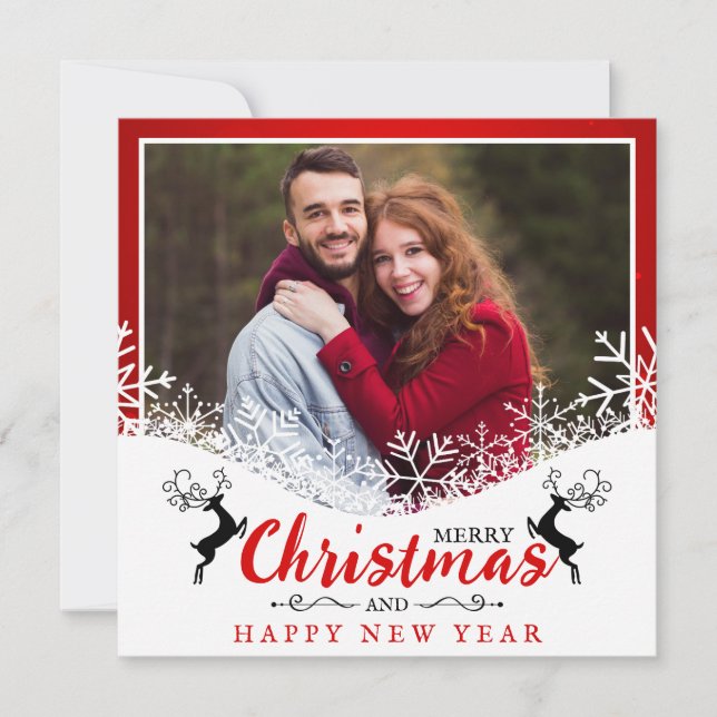 Fun Red & White SnowFlakes Husband and Wife Photo Holiday Card (Front)