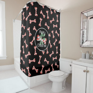 Fun Red & White Striped Dog Bone Christmas Pattern Shower Curtain