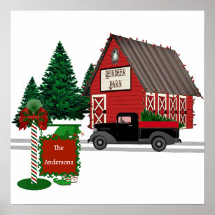 Fun Reindeer Barn w Truck and Elf Sign Print