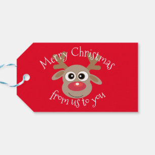 Fun Reindeer Cartoon Red Christmas Gift Tags