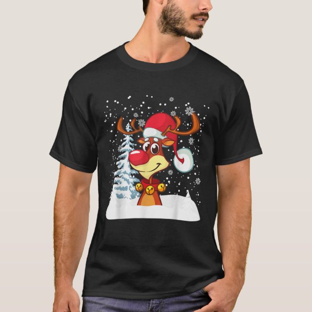 Fun Reindeer Red Nose Elk Santa Snow Snowflake Win T-Shirt (Front)