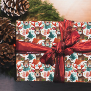 Fun Reindeer Red White Green Christmas Watercolor Wrapping Paper