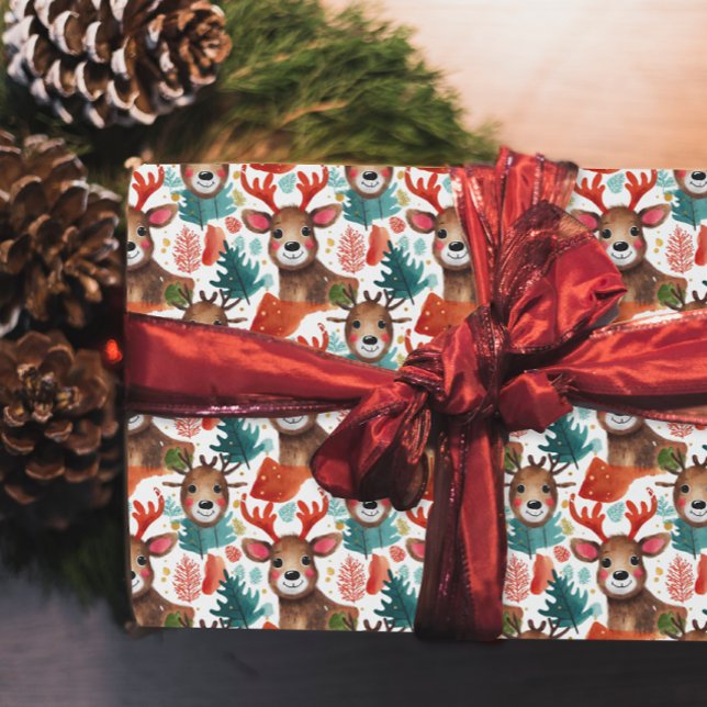 Fun Reindeer Red White Green Christmas Watercolor Wrapping Paper (Creator Uploaded)