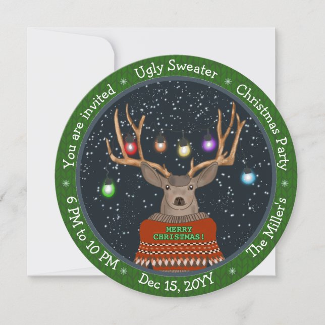 Fun Reindeer Tangled Christmas Lights Ugly Sweater Invitation (Front)