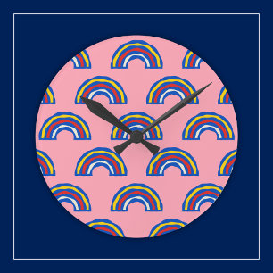 Fun Retro 80s Primary Colour Rainbows on Cute Pink Round Clock