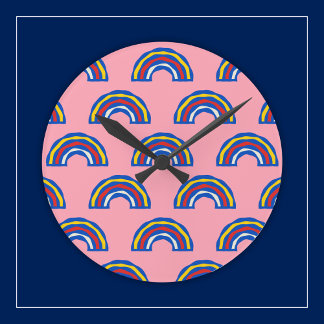 Fun Retro 80s Primary Colour Rainbows on Cute Pink Round Clock