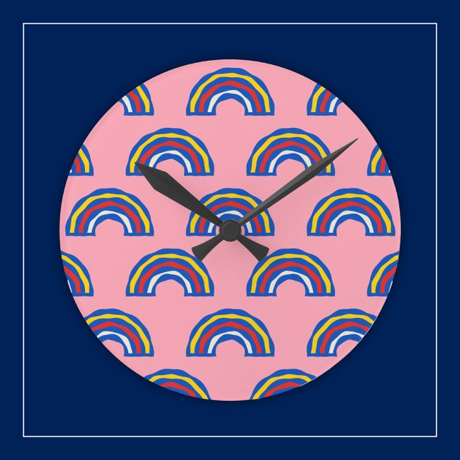 Fun Retro 80s Primary Colour Rainbows on Cute Pink Round Clock (Creator Uploaded)