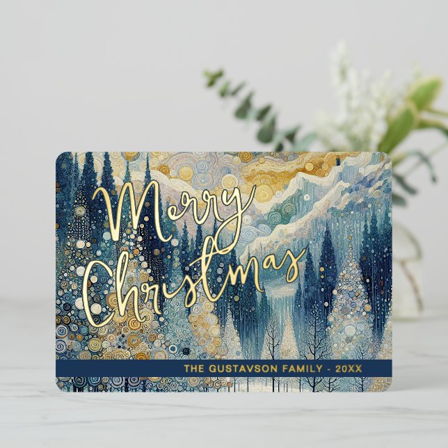 Fun Retro Abstract Winter Snow Wonderland Art Gold Foil Holiday Card (Standing Front)