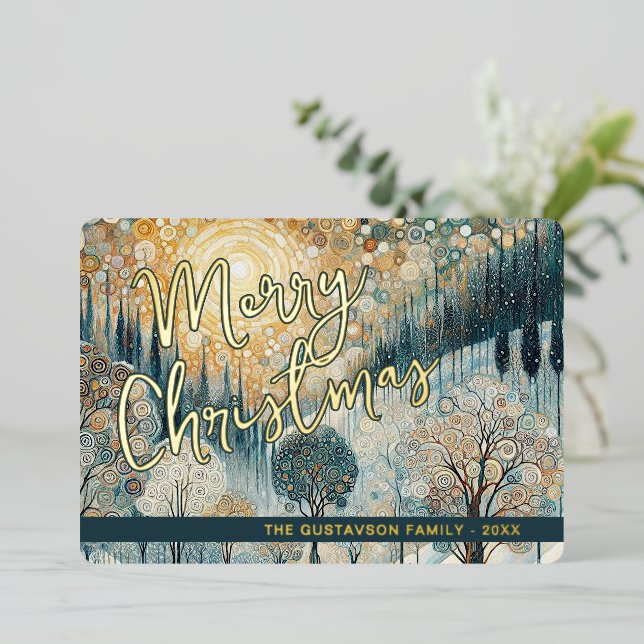 Fun Retro Abstract Winter Snow Wonderland Art Gold Foil Holiday Card (Standing Front)
