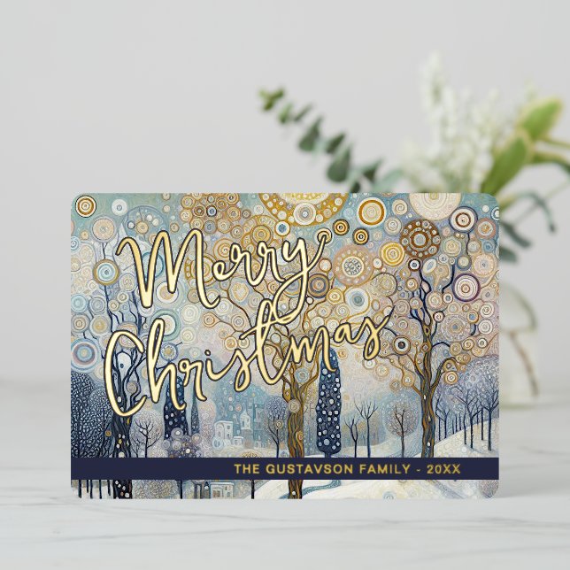 Fun Retro Abstract Winter Snow Wonderland Art Gold Foil Holiday Card (Standing Front)